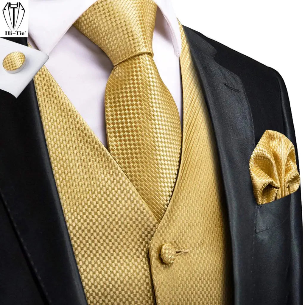Gold Jacquard 4PC Men’s Waistcoat & Tie Set