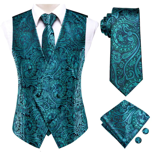 Gold Jacquard 4PC Men’s Waistcoat & Tie Set