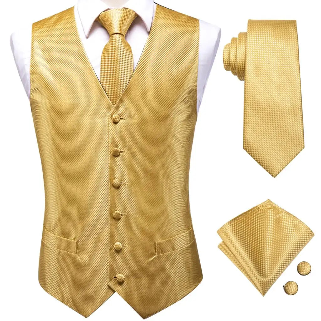 Gold Jacquard 4PC Men’s Waistcoat & Tie Set