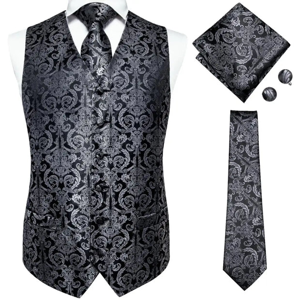Gold Jacquard 4PC Men’s Waistcoat & Tie Set