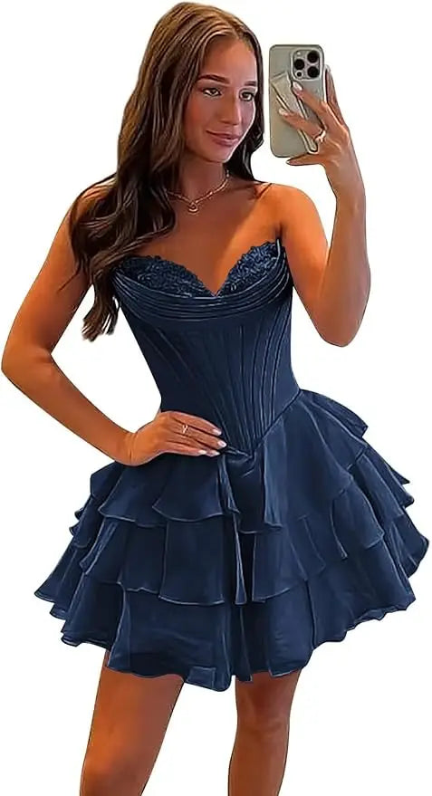 Strapless Boned Ruffle Chiffon Mini Ball Gown