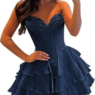 Strapless Boned Ruffle Chiffon Mini Ball Gown Prom Dress