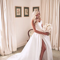 A-Line Sweetheart Satin Sweep Train Wedding Dresses With Split Front