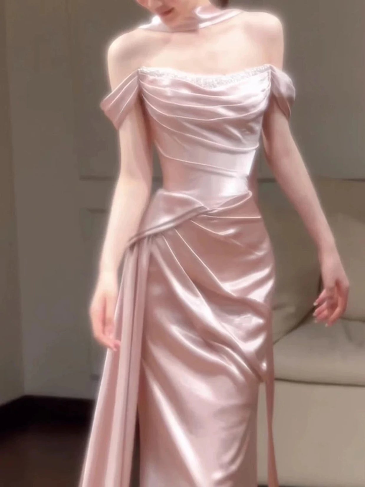 Pink One-Shoulder Evening Gown