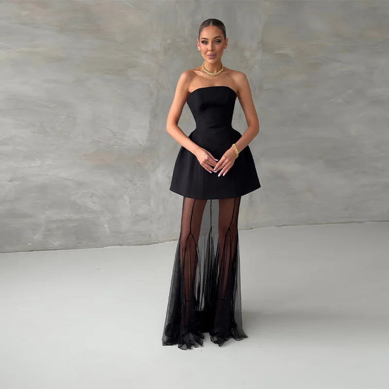 Elegant Sweetheart Sheer Ruffle Maxi Dress