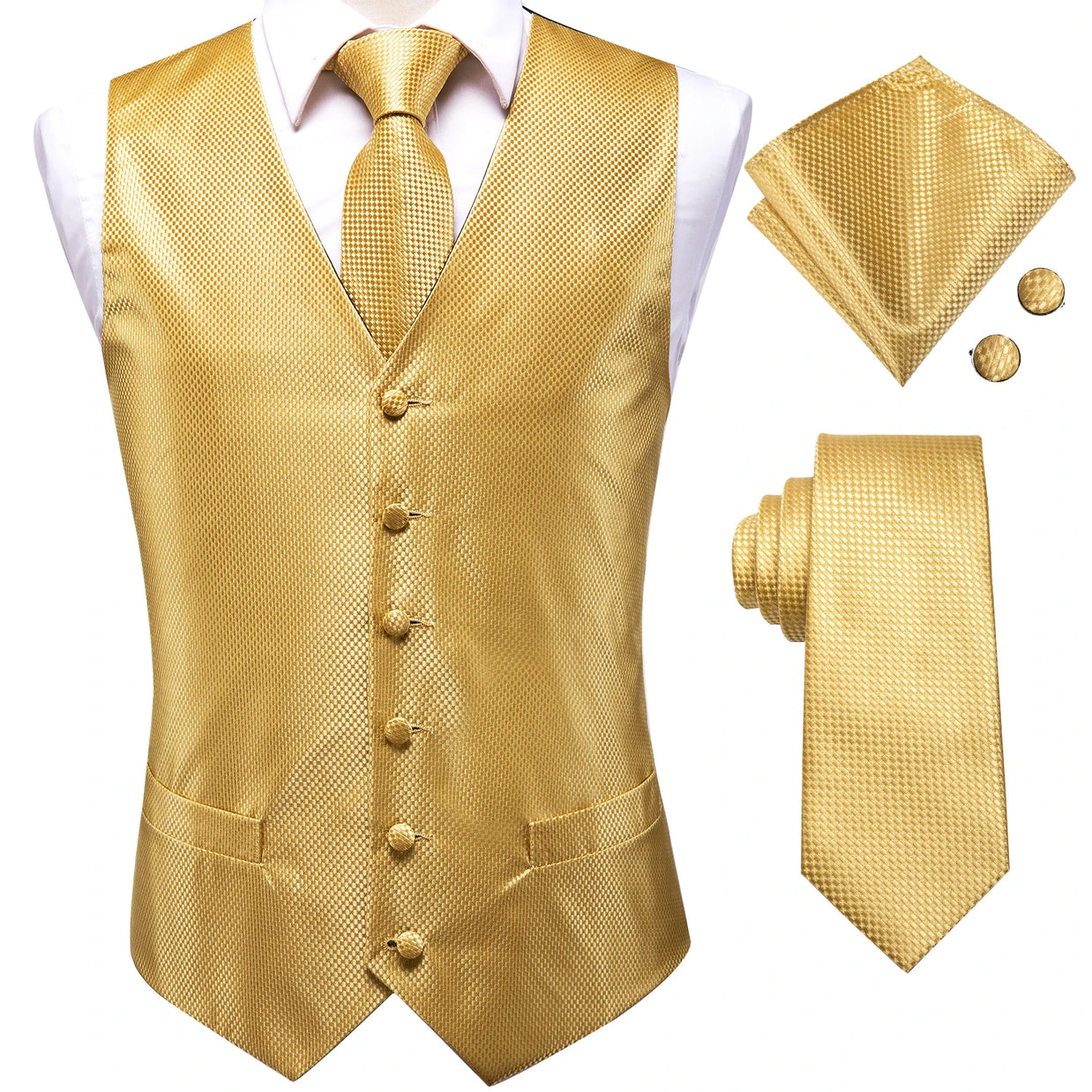 Gold Jacquard 4PC Men’s Waistcoat & Tie Set