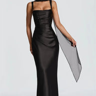Satin Backless Square-Neck Party Dress