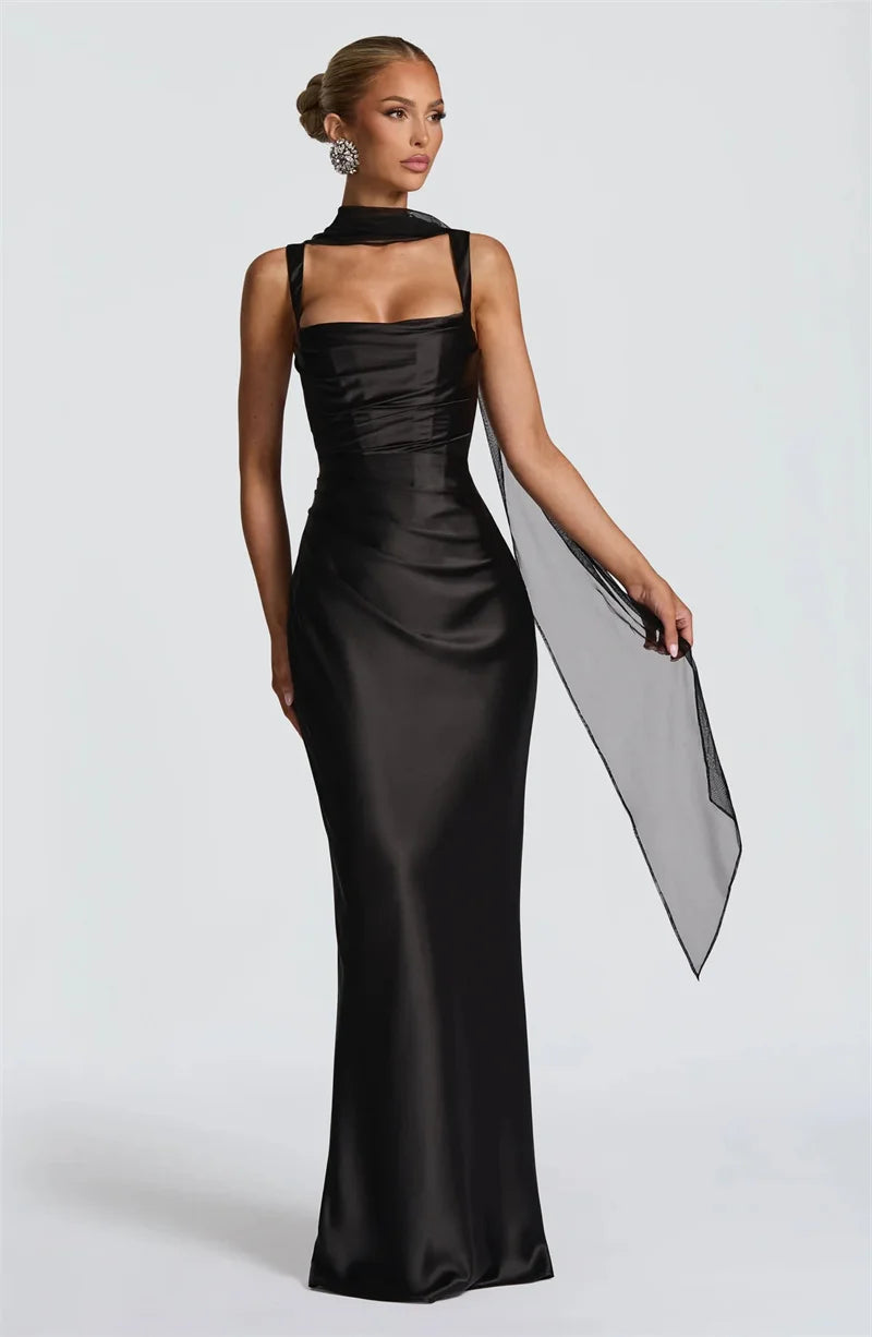 Satin Backless Square-Neck Party Dress