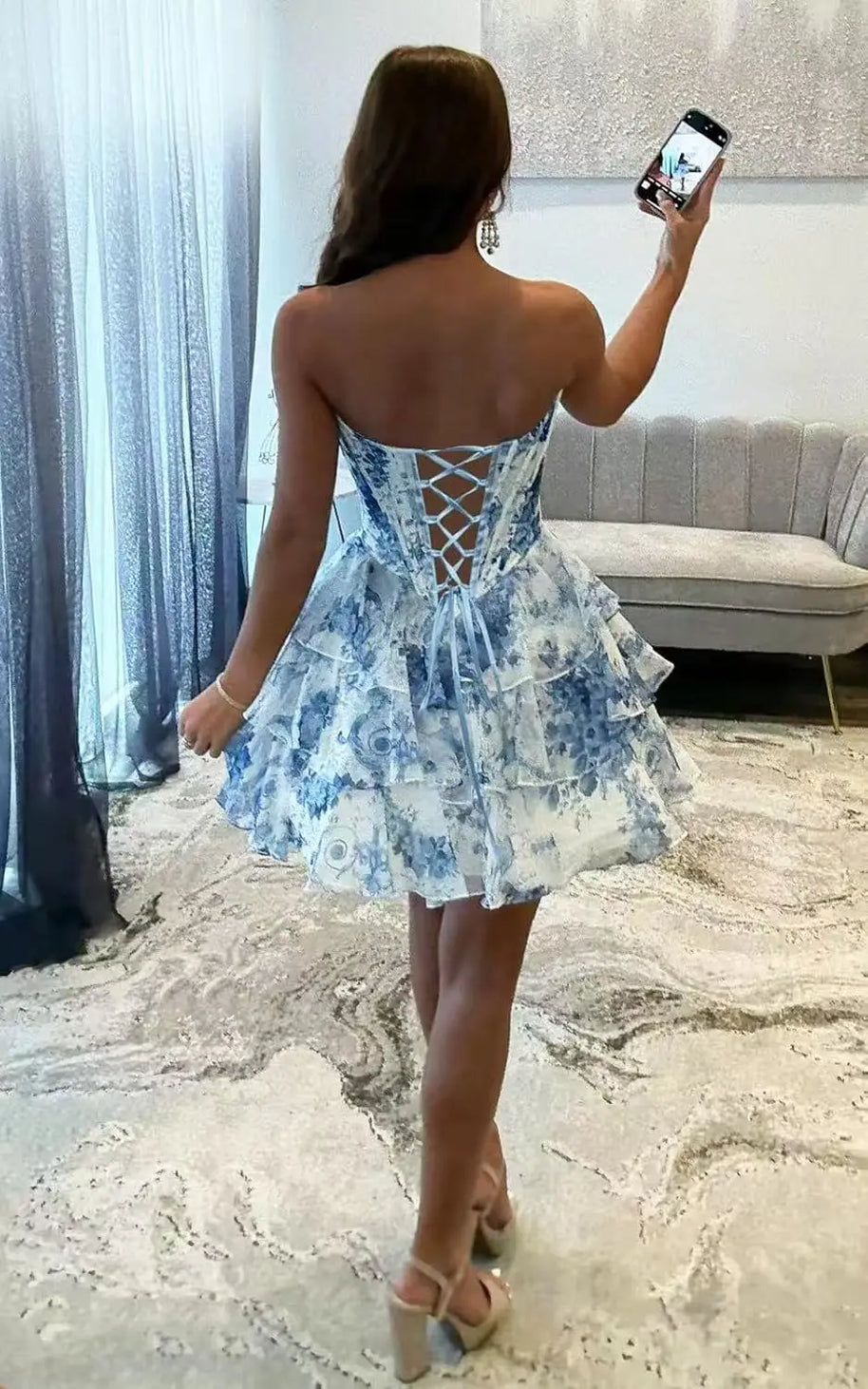 Strapless Boned Ruffle Chiffon Mini Ball Gown Prom Dress