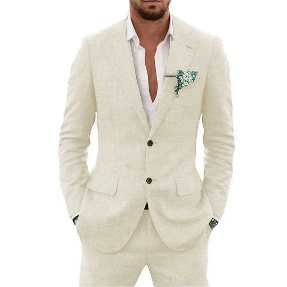 Men’s Casual Linen Slim-Fit Suit – 2-Piece Wedding Tuxedo