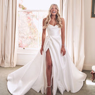 A-Line Sweetheart Satin Sweep Train Wedding Dresses With Split Front