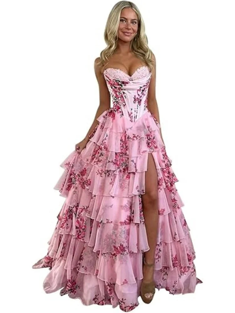 Floral Print Tiered Prom Dresses