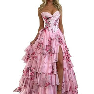 Floral Print Tiered Prom Dresses