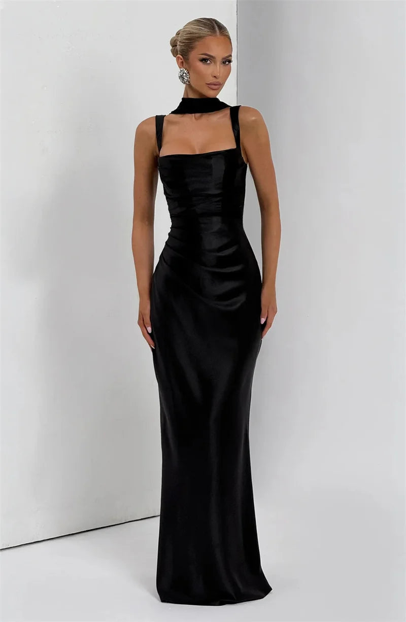 Satin Backless Square-Neck Party Dress