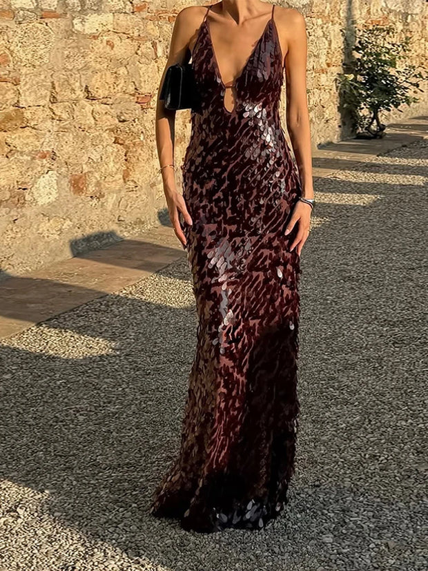 Women Sequin Sling Maxi Dress