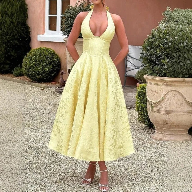 Women Halter V-neck Pleated Long Dress