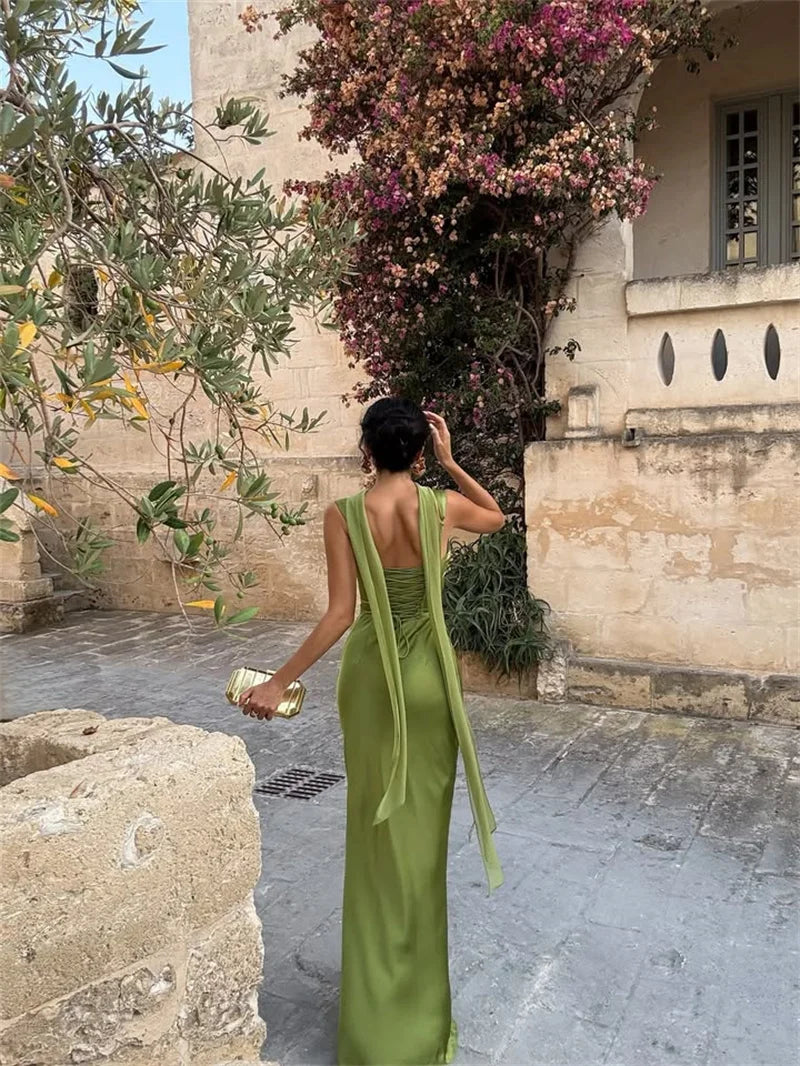 Satin Backless Square-Neck Party Dress