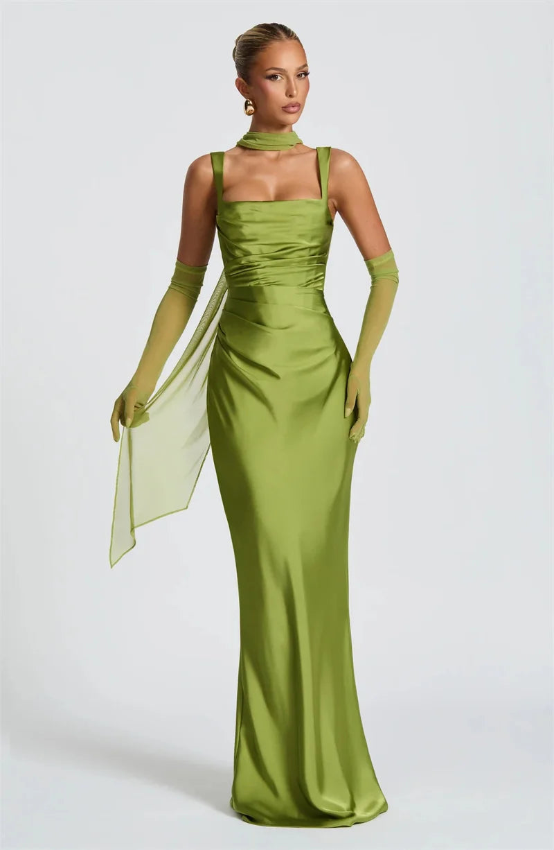 Satin Backless Square-Neck Party Dress