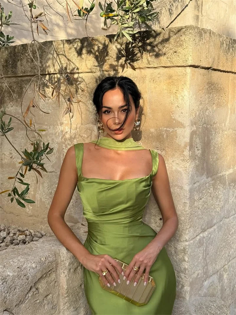 Satin Backless Square-Neck Party Dress