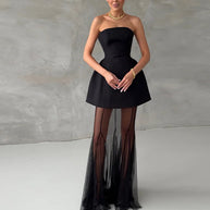 Elegant Sweetheart Sheer Ruffle Maxi Dress