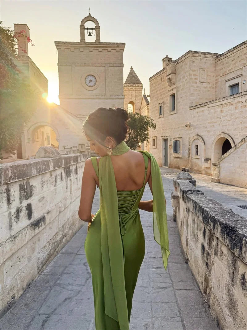 Satin Backless Square-Neck Party Dress