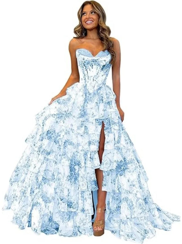 Floral Print Tiered Prom Dresses
