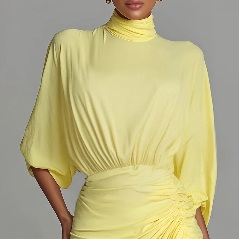 Elegant High-neck Half-sleeve Pleated Maxi Dress