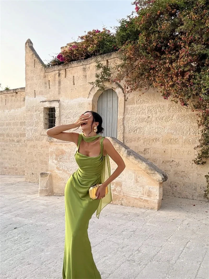 Satin Backless Square-Neck Party Dress