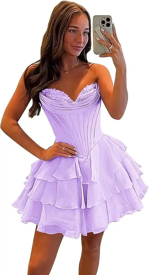 Strapless Boned Ruffle Chiffon Mini Ball Gown Prom Dress