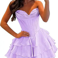 Strapless Boned Ruffle Chiffon Mini Ball Gown Prom Dress
