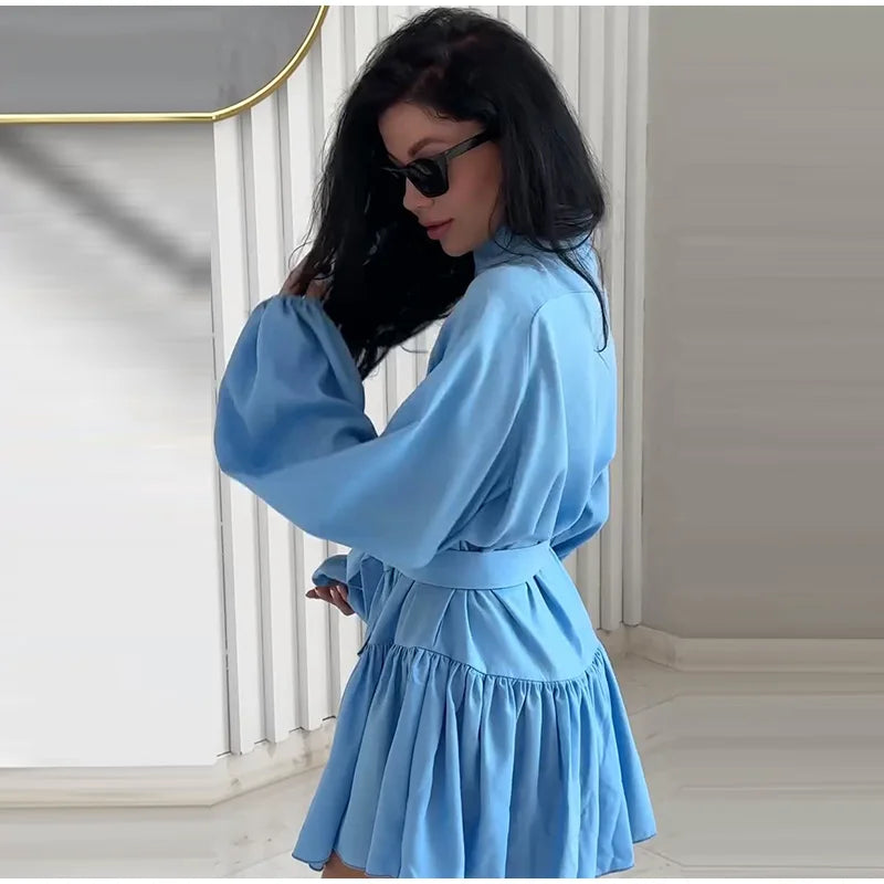 Women Single Breasted Lantern Sleeves Solid Pleated Dresses