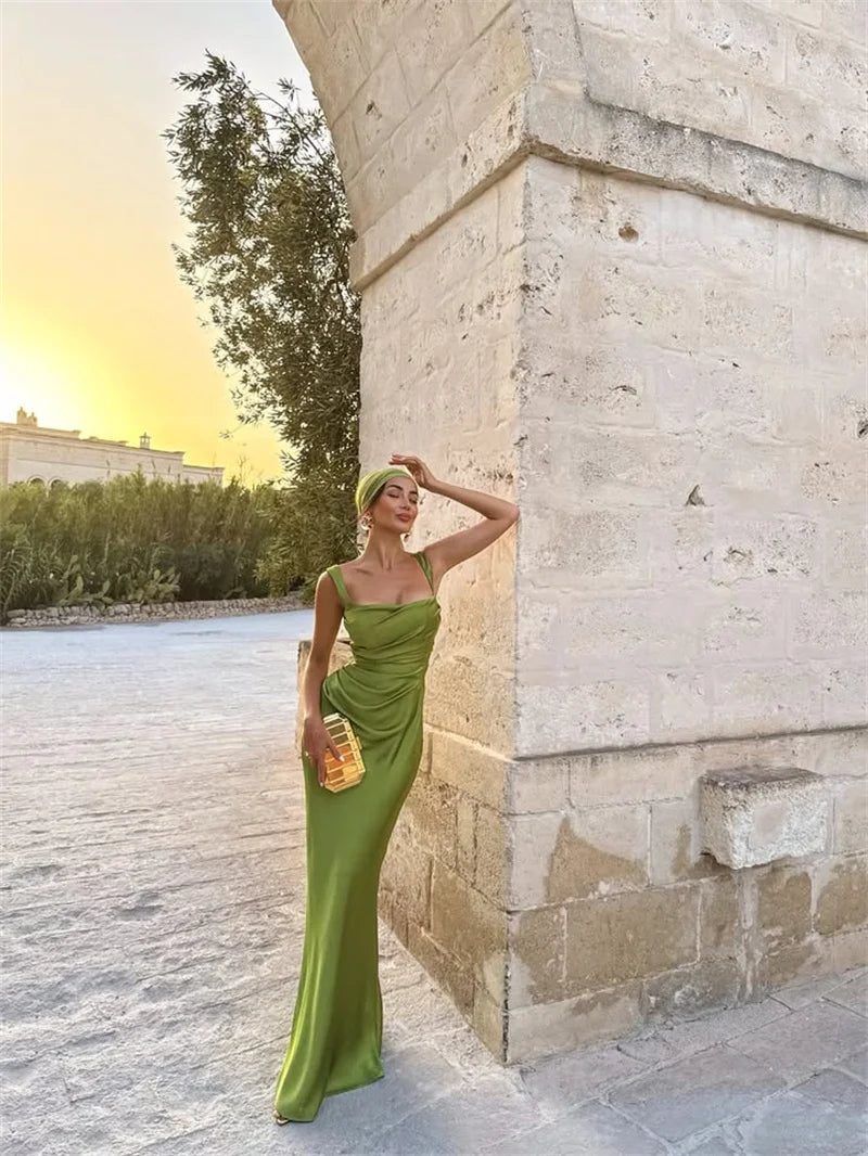 Satin Backless Square-Neck Party Dress