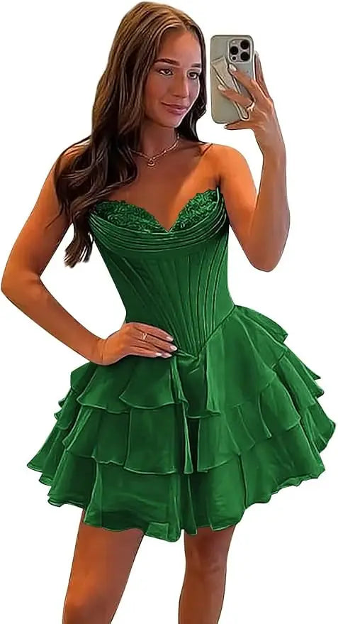 Strapless Boned Ruffle Chiffon Mini Ball Gown