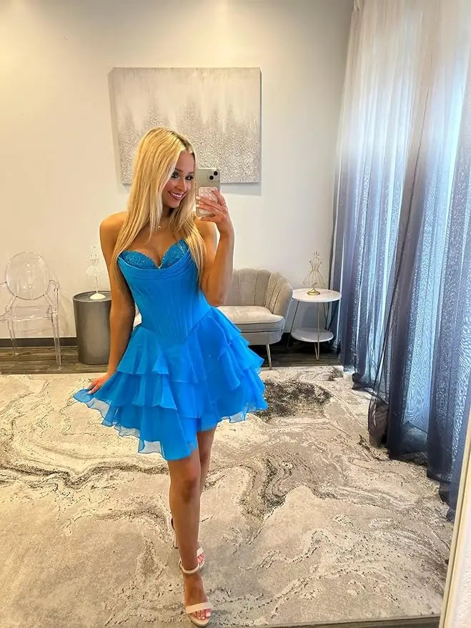 Strapless Boned Ruffle Chiffon Mini Ball Gown