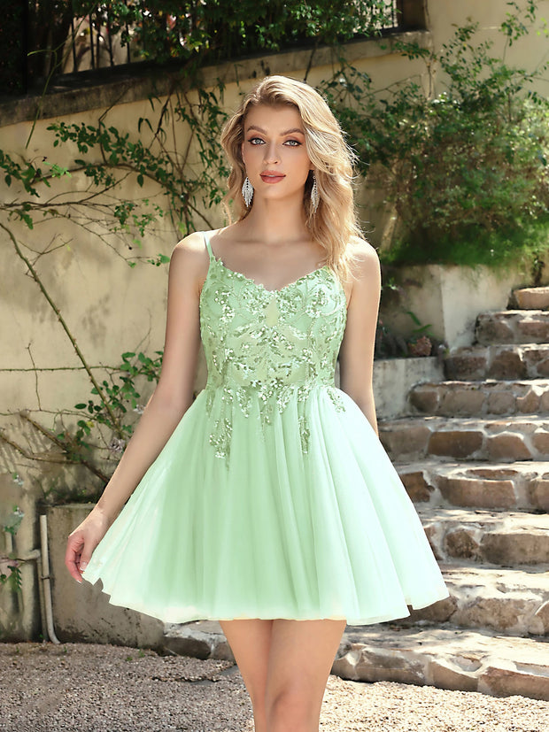 Sequin Illusion V-Neck Mini Cocktail Dress