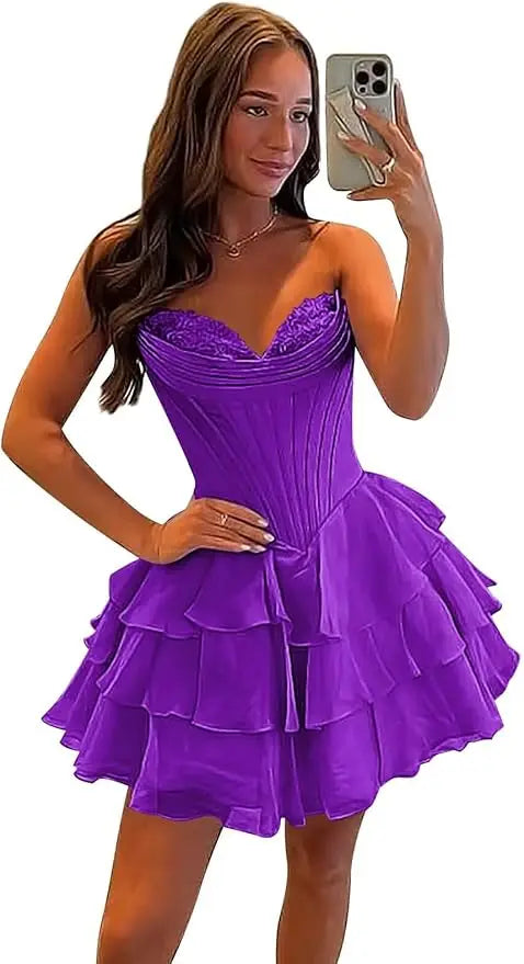 Strapless Boned Ruffle Chiffon Mini Ball Gown