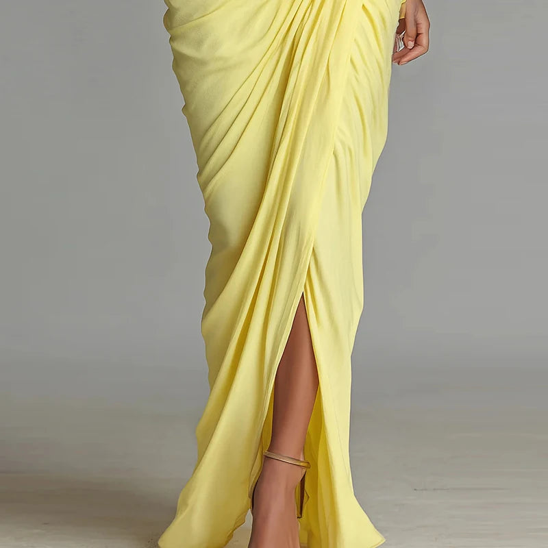 Elegant High-neck Half-sleeve Pleated Maxi Dress