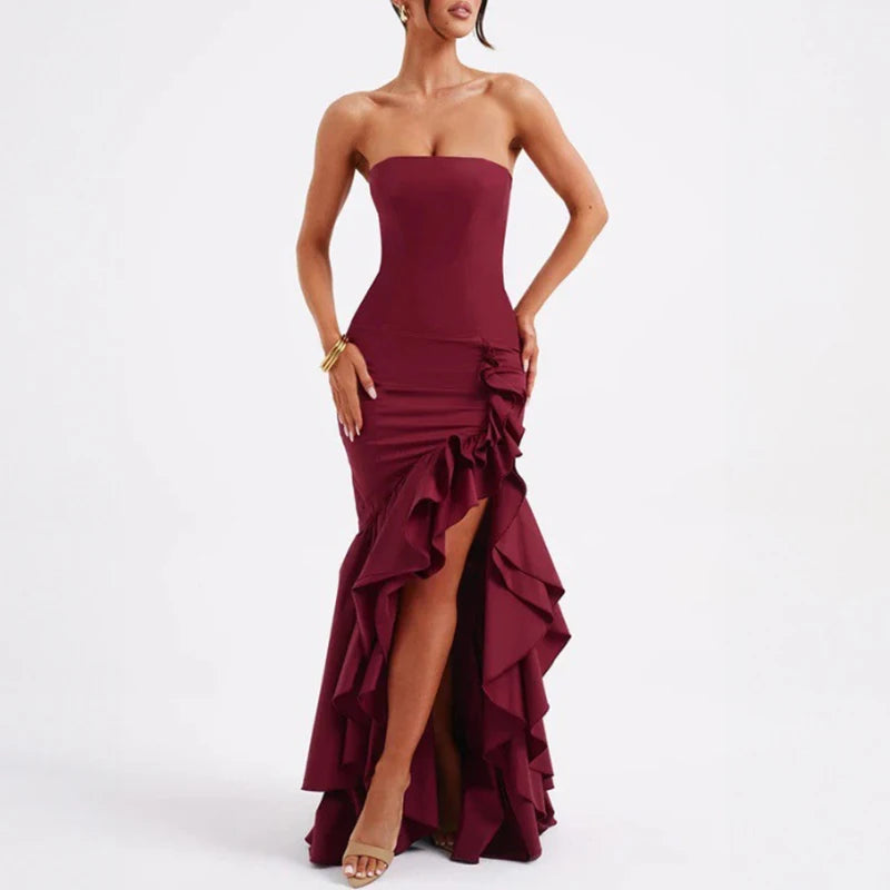 Elegant Off Shoulder Strapless Ruffles Long Dress