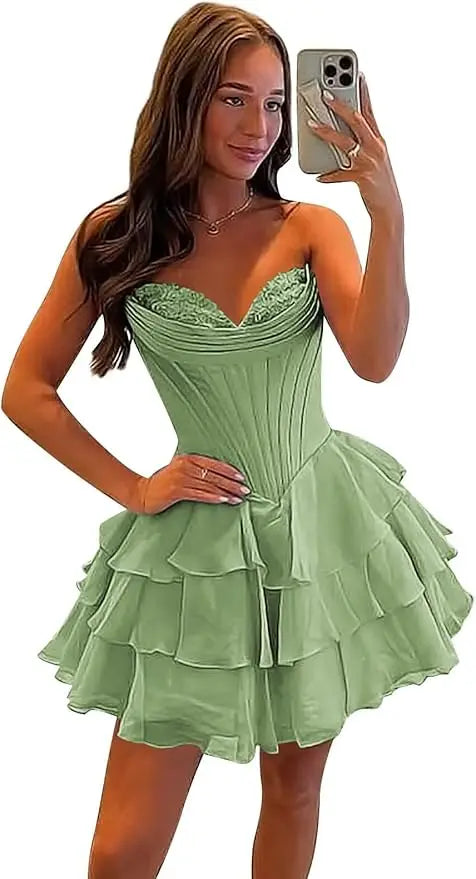 Strapless Boned Ruffle Chiffon Mini Ball Gown
