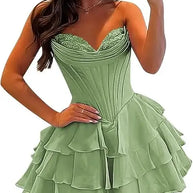 Strapless Boned Ruffle Chiffon Mini Ball Gown Prom Dress