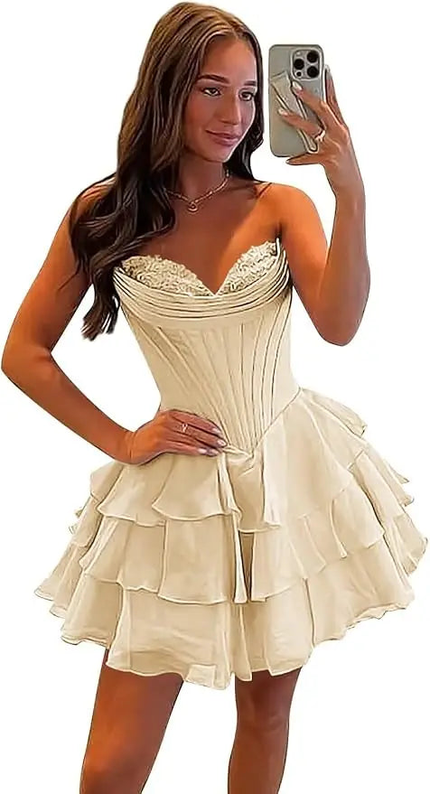 Strapless Boned Ruffle Chiffon Mini Ball Gown