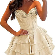 Strapless Boned Ruffle Chiffon Mini Ball Gown Prom Dress