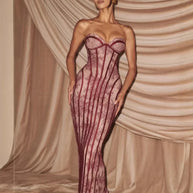 Strapless Vertical-Stripe Lace Midi Dress