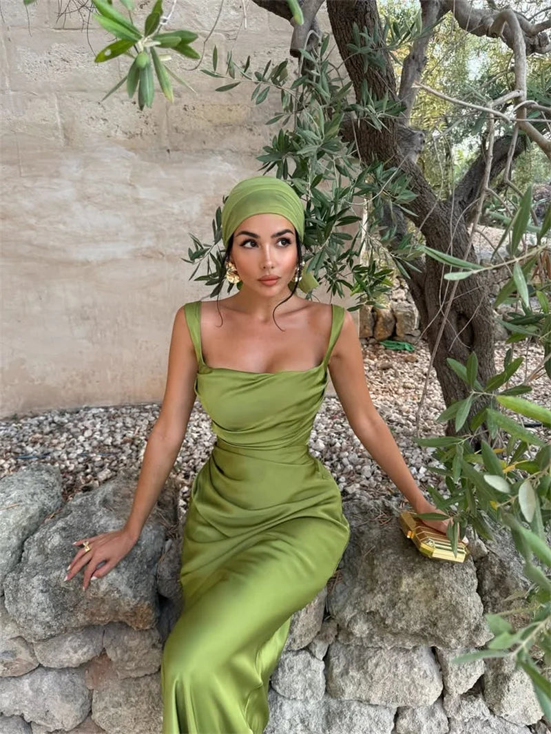 Satin Backless Square-Neck Party Dress