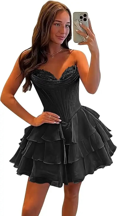 Strapless Boned Ruffle Chiffon Mini Ball Gown