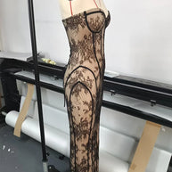 Strapless Vertical-Stripe Lace Midi Dress