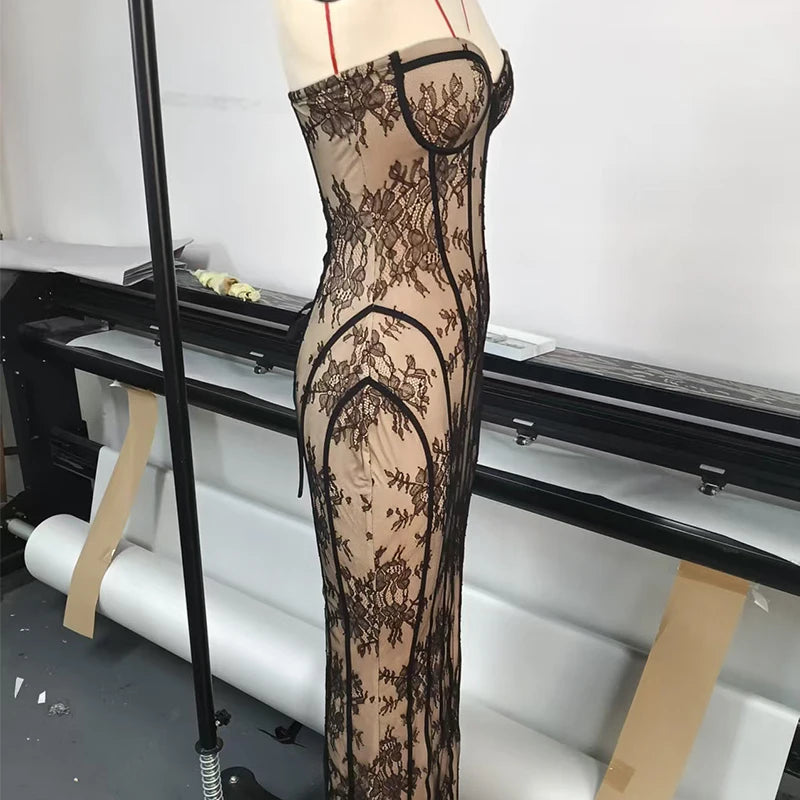 Strapless Vertical-Stripe Lace Midi Dress