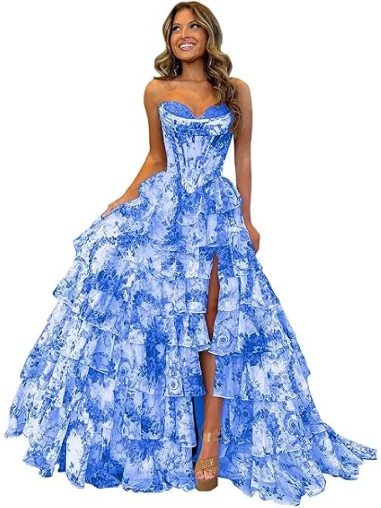 Floral Print Tiered Prom Dresses
