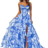 Floral Print Tiered Prom Dresses