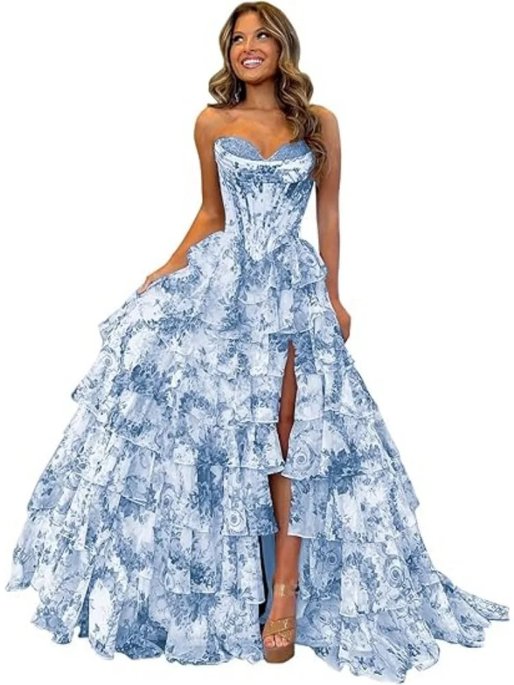 Floral Print Tiered Prom Dresses